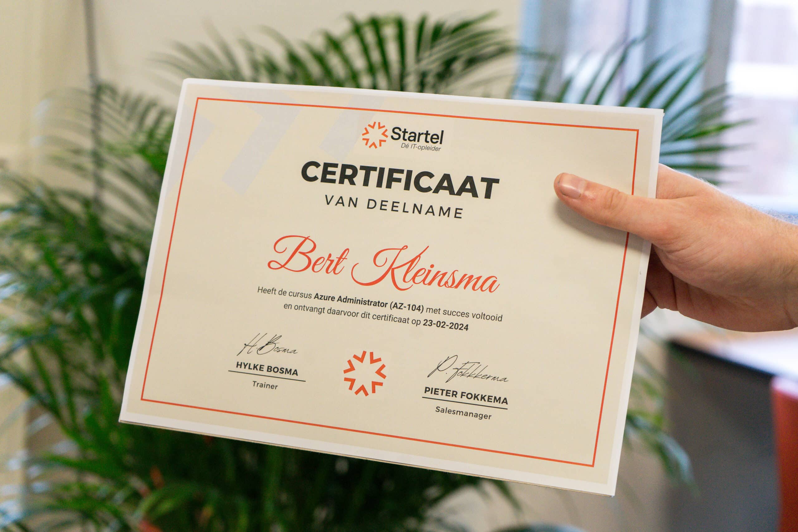 Na afloop van een training bij Startel krijg je een certificaat van deelname.